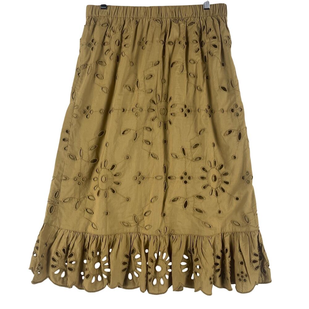 J.Crew Womens Ruffle-Front Eyelet Skirt AP060 SZ S Khaki Midi Scalloped Hem - Picture 2 of 10